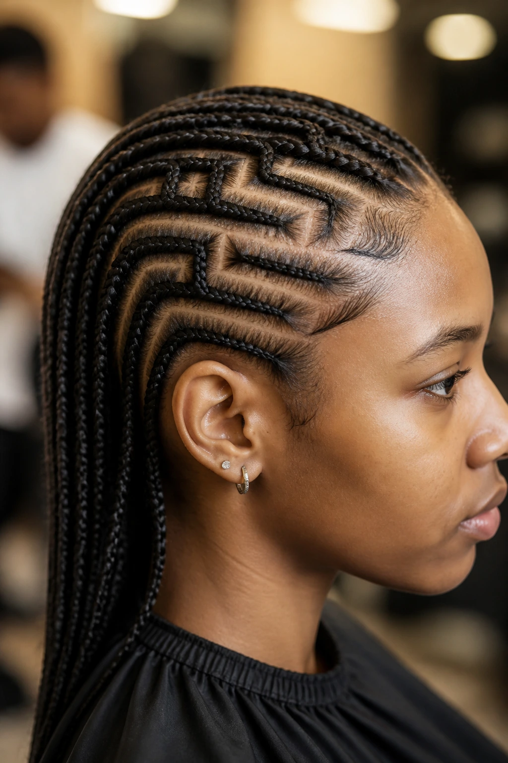 Profile view of patterned feed-in braids on one side of the scalp