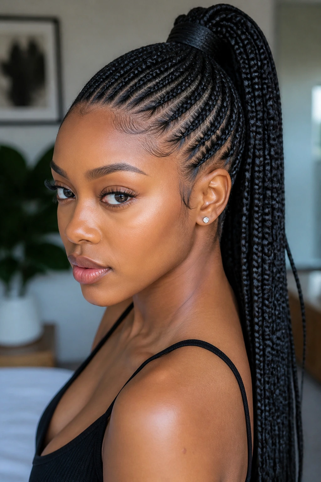Sleek high ponytail feed-in braids on real woman in modern interior