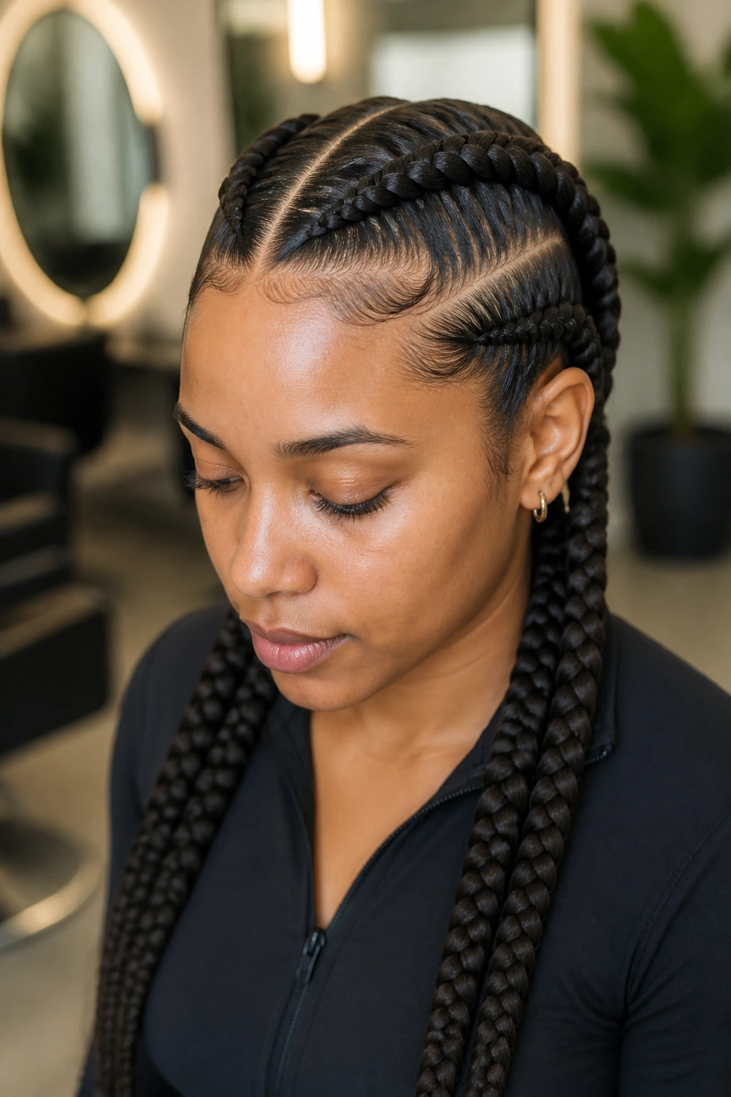 Close-up of double-sided feed-in braids on a real person
