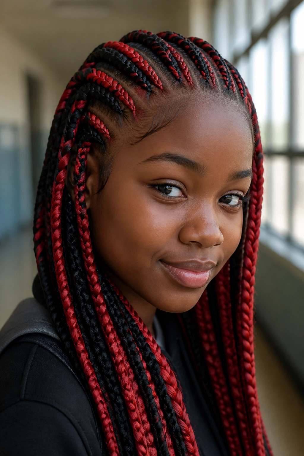 Close-up of red and black feed-in braids on a student in a classroom.