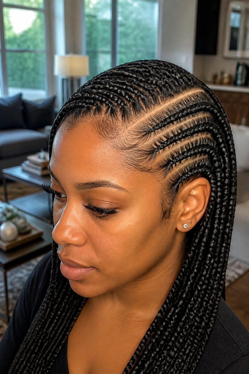 Close-up of real woman with a deep side-part feed-in braids