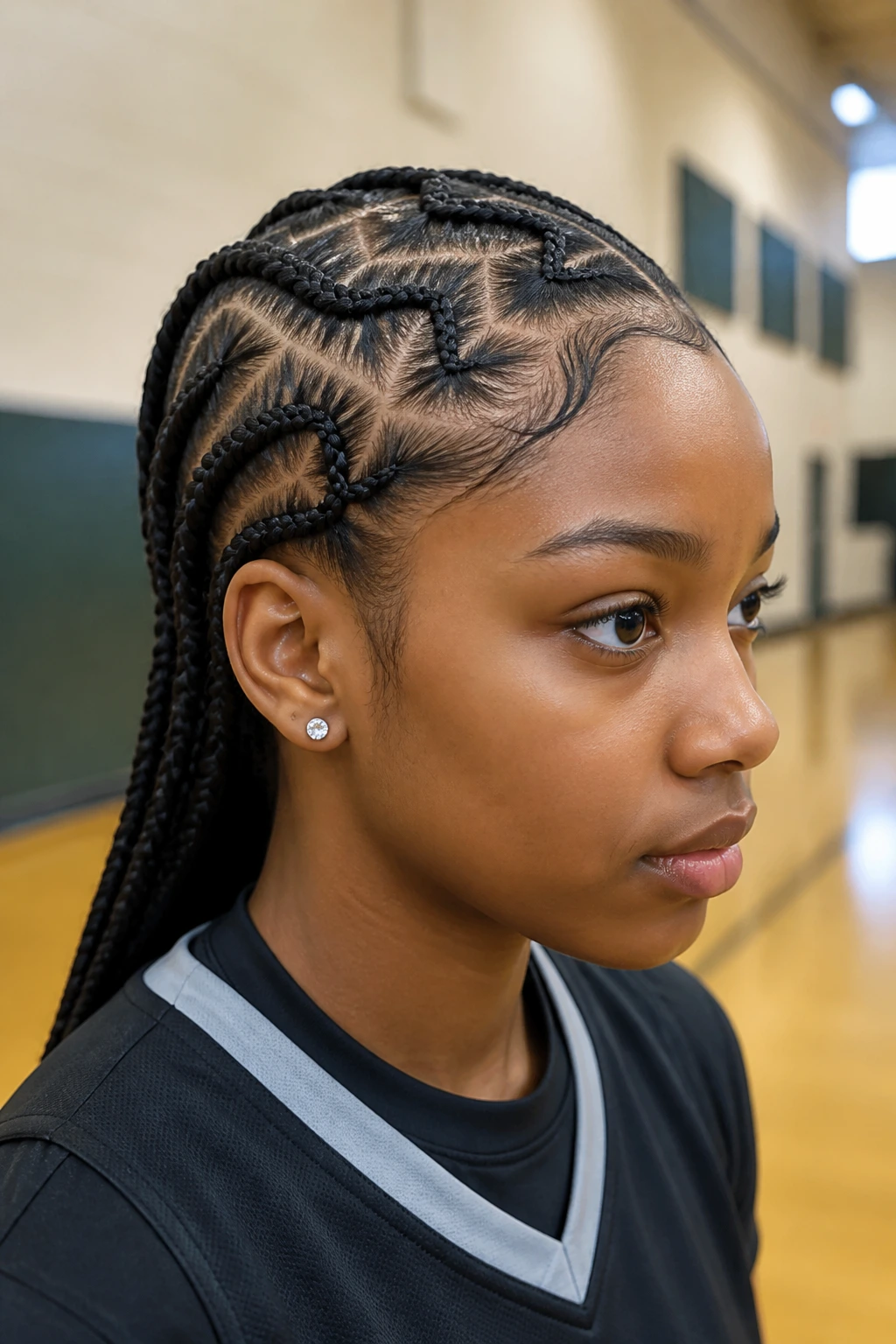 Close-up of a real student with feed-in braids and zig-zag part along the scalp.