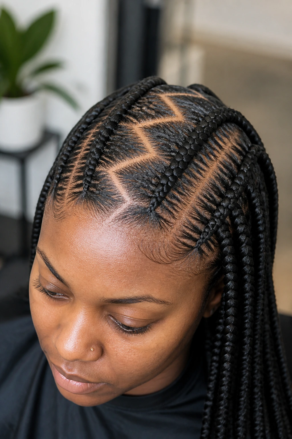 Close-up of a real person with feed-in braids and a zig-zag part along the scalp.