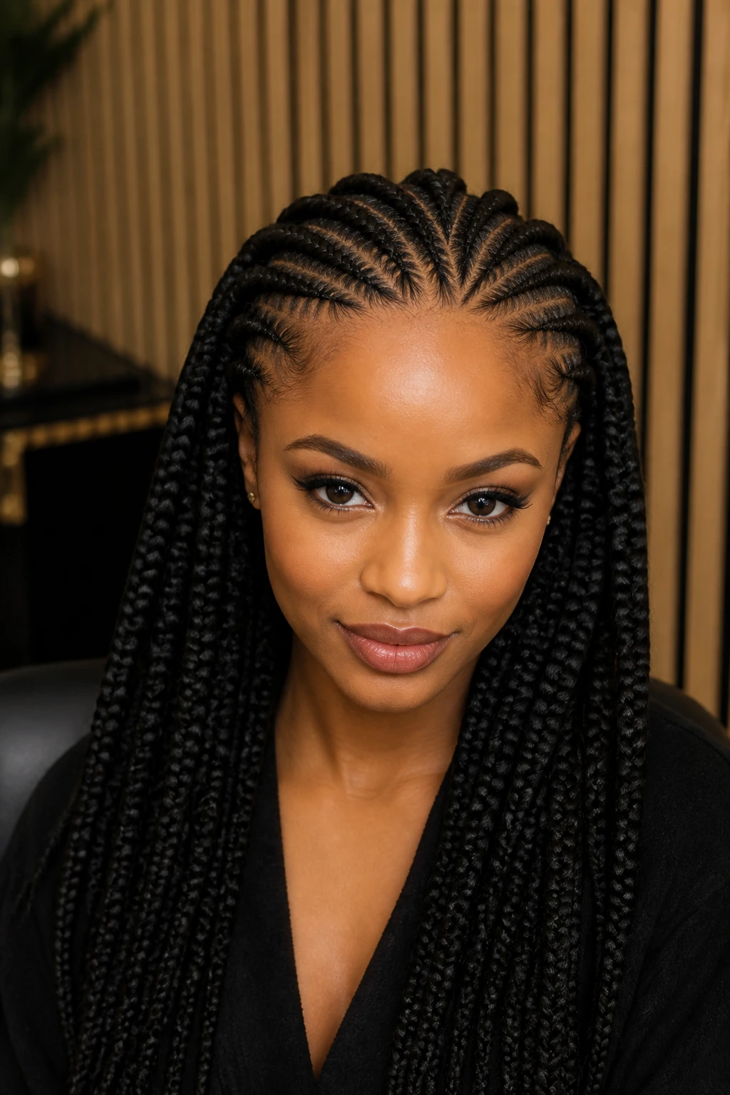 Close-up of feed-in cornrows with added density on a real person