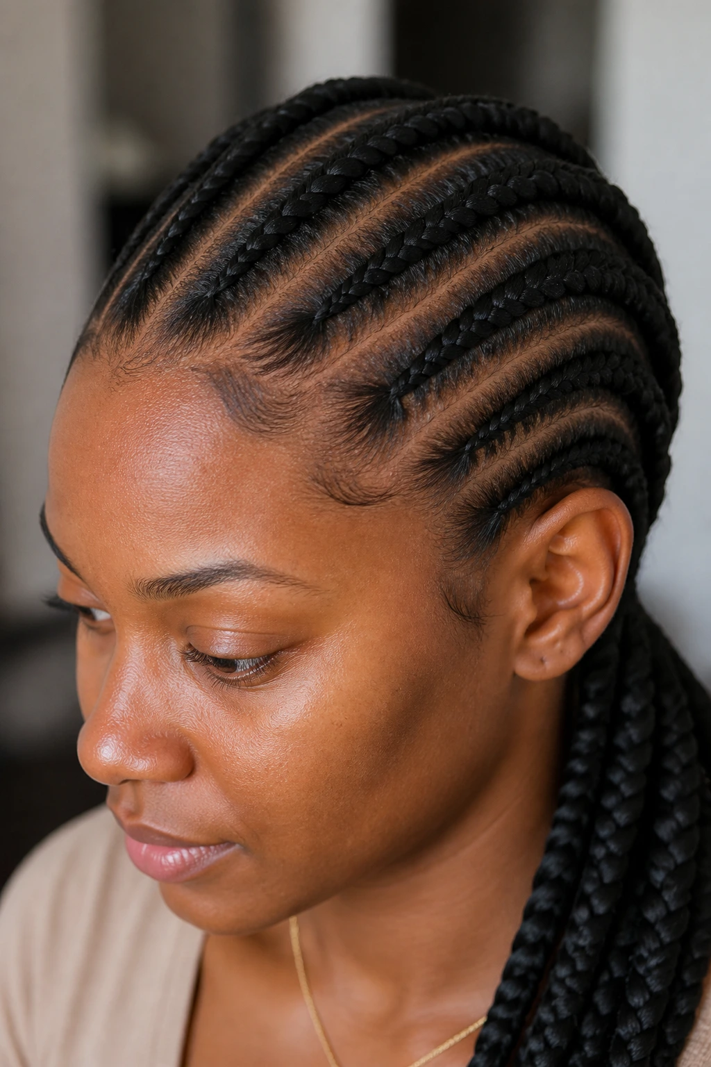 Close-up of a real woman with feed-in cornrows in a soft-lit indoor setting