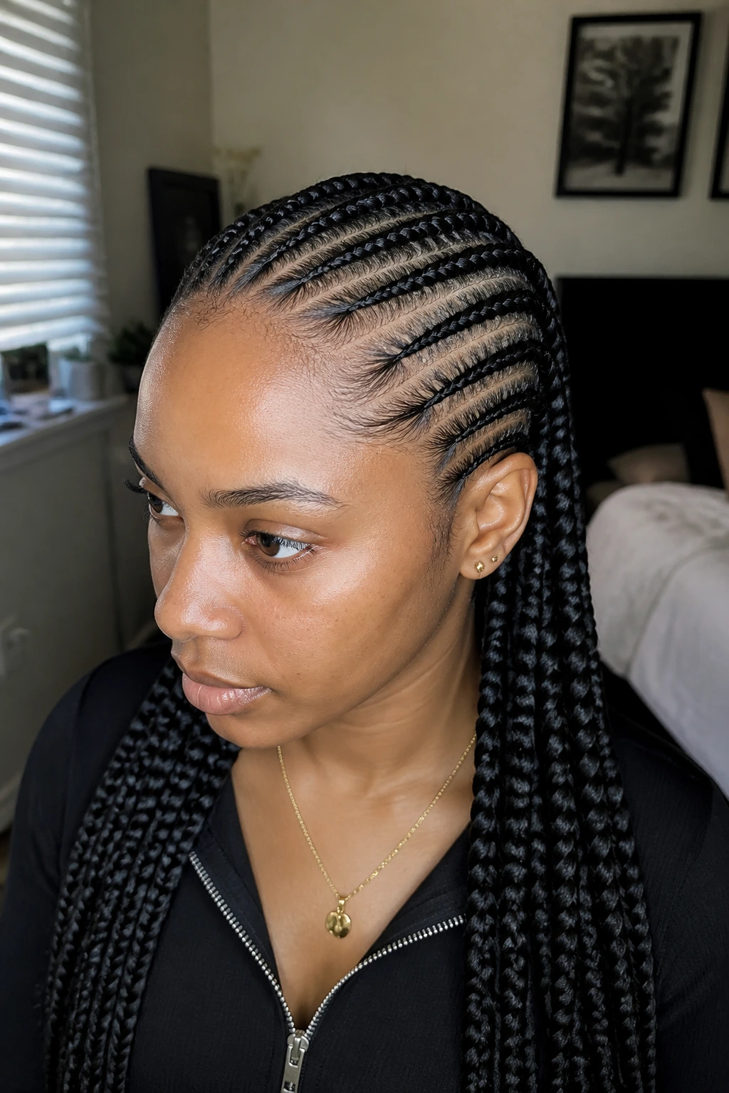 Close-up of real woman with straight-back feed-in cornrows in warm natural light