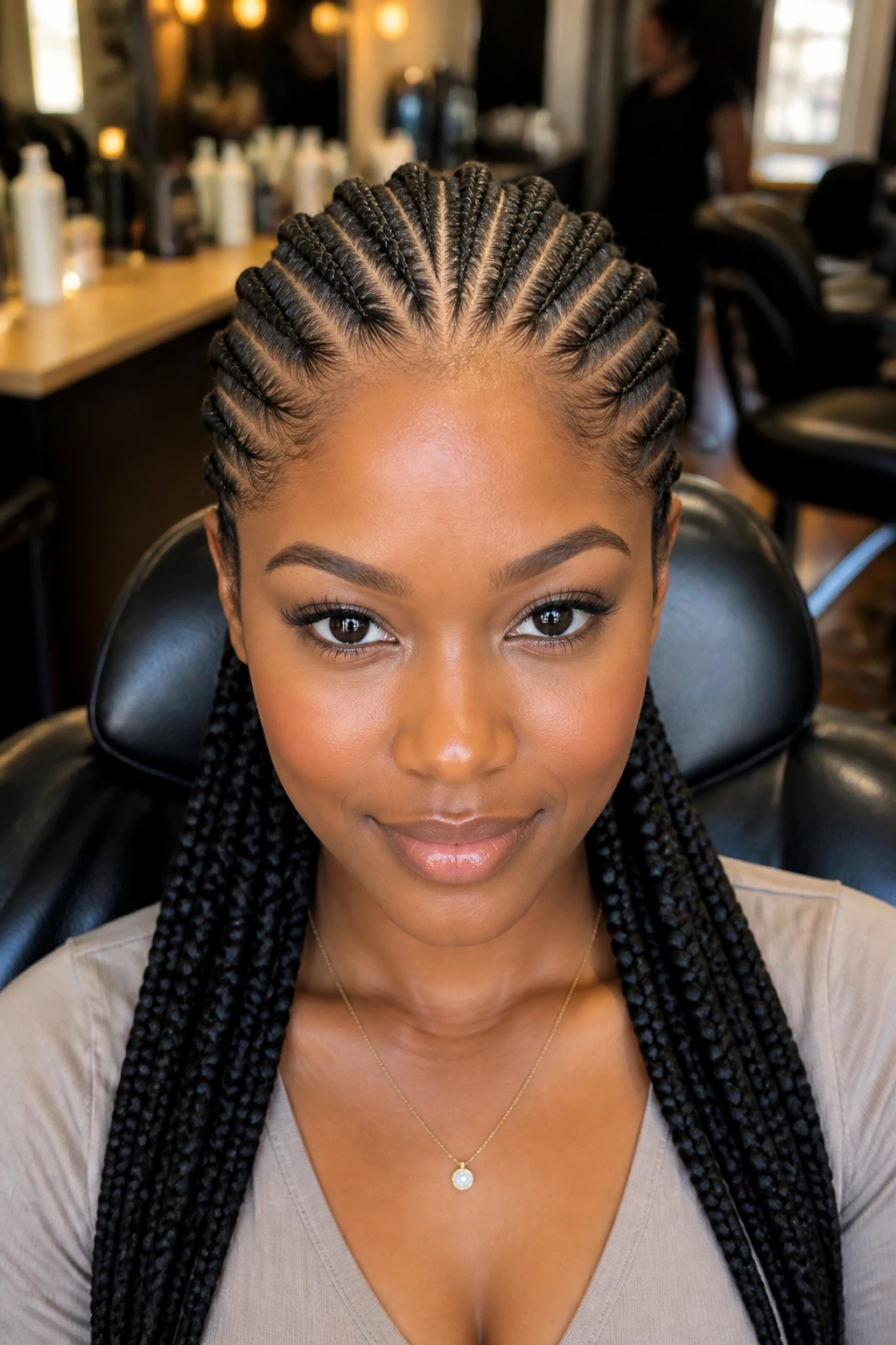 Close-up of woman with feed-in cornrows in a salon
