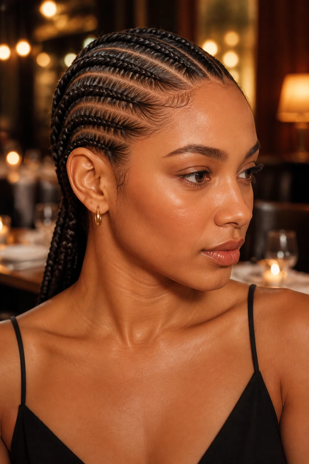 Close-up of a real woman with sleek feed-in cornrows and sharp parting in warm restaurant lighting