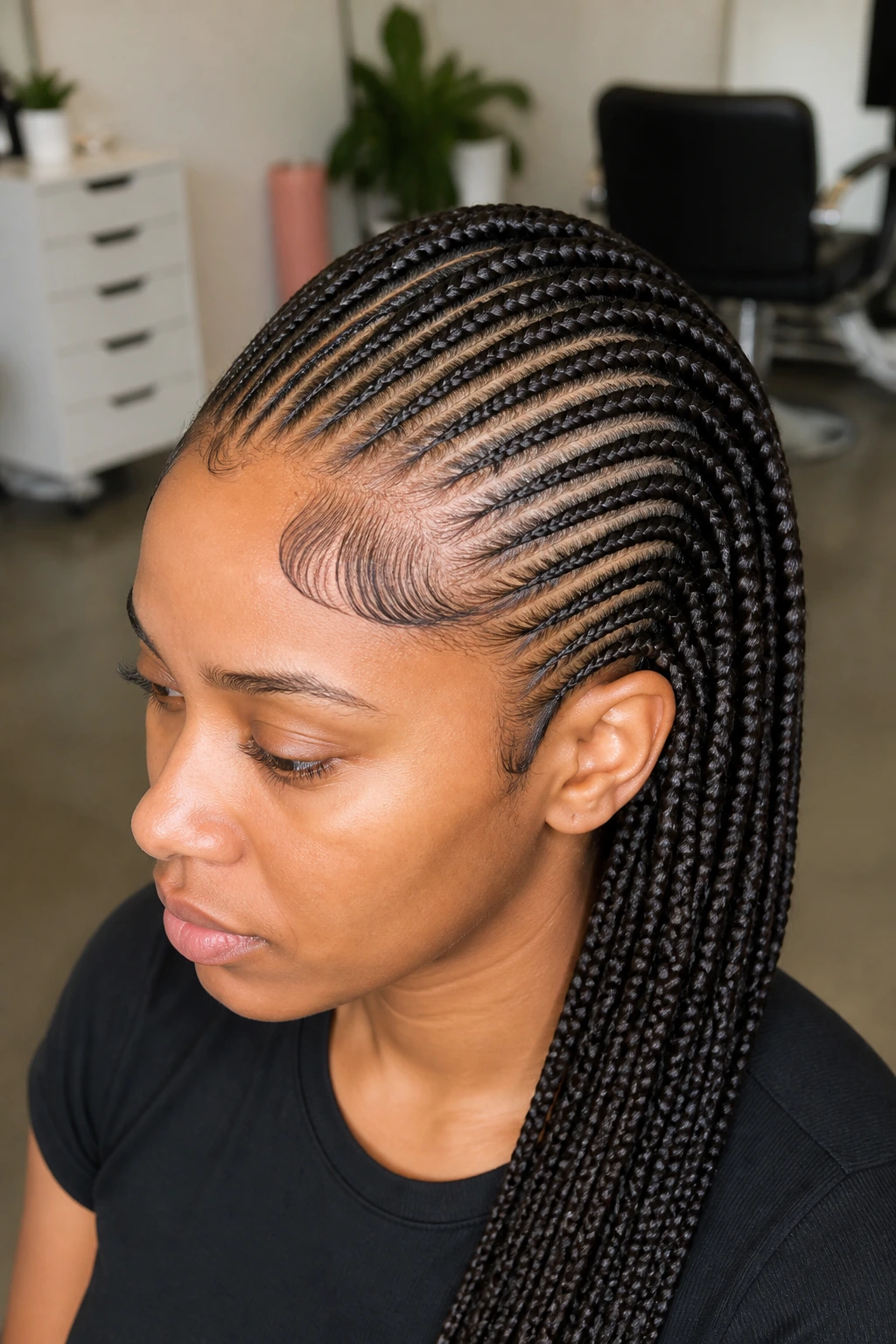 Close-up of feed-in micro braids on real person
