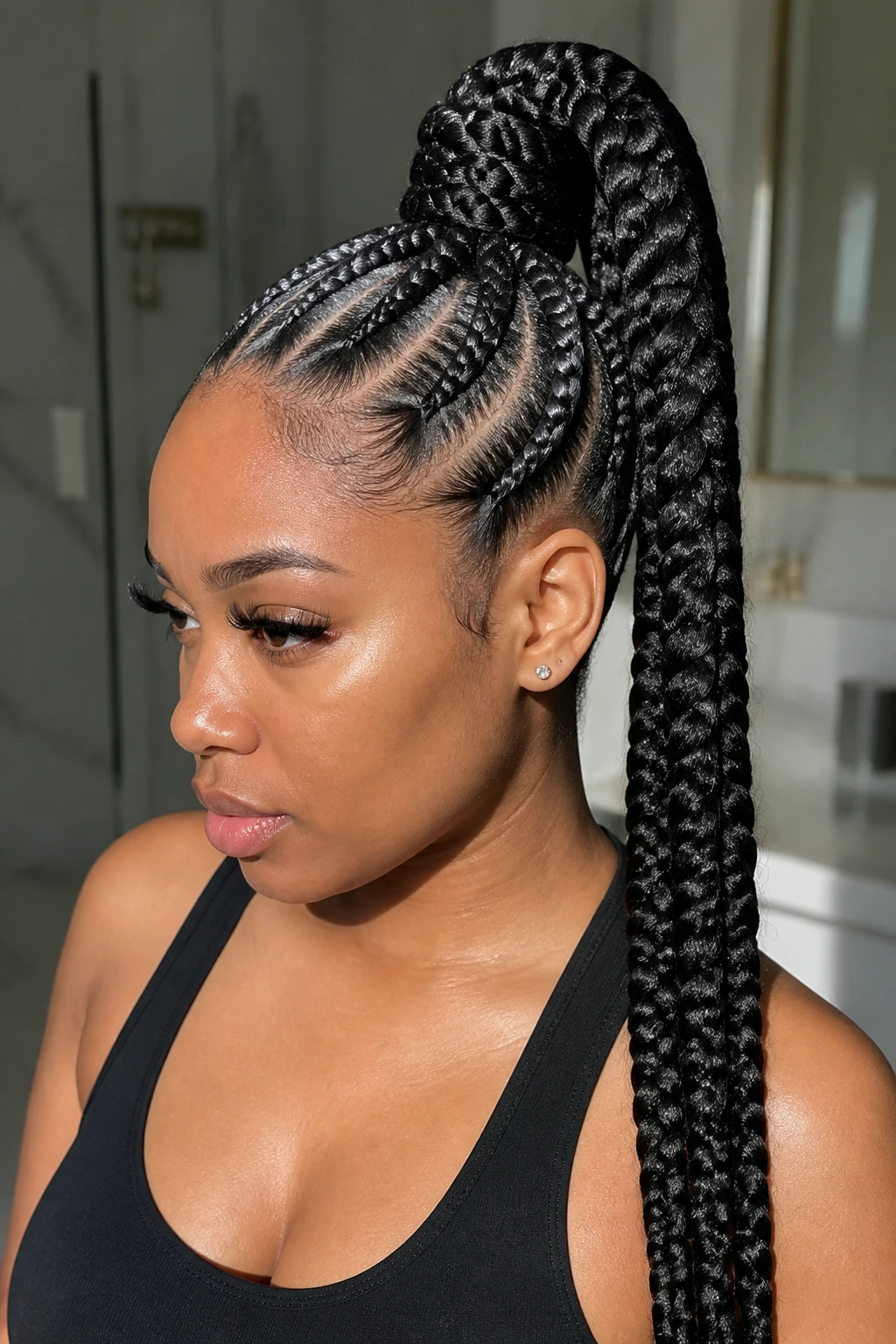 Close-up of a real woman with a high-volume jumbo feed-in ponytail