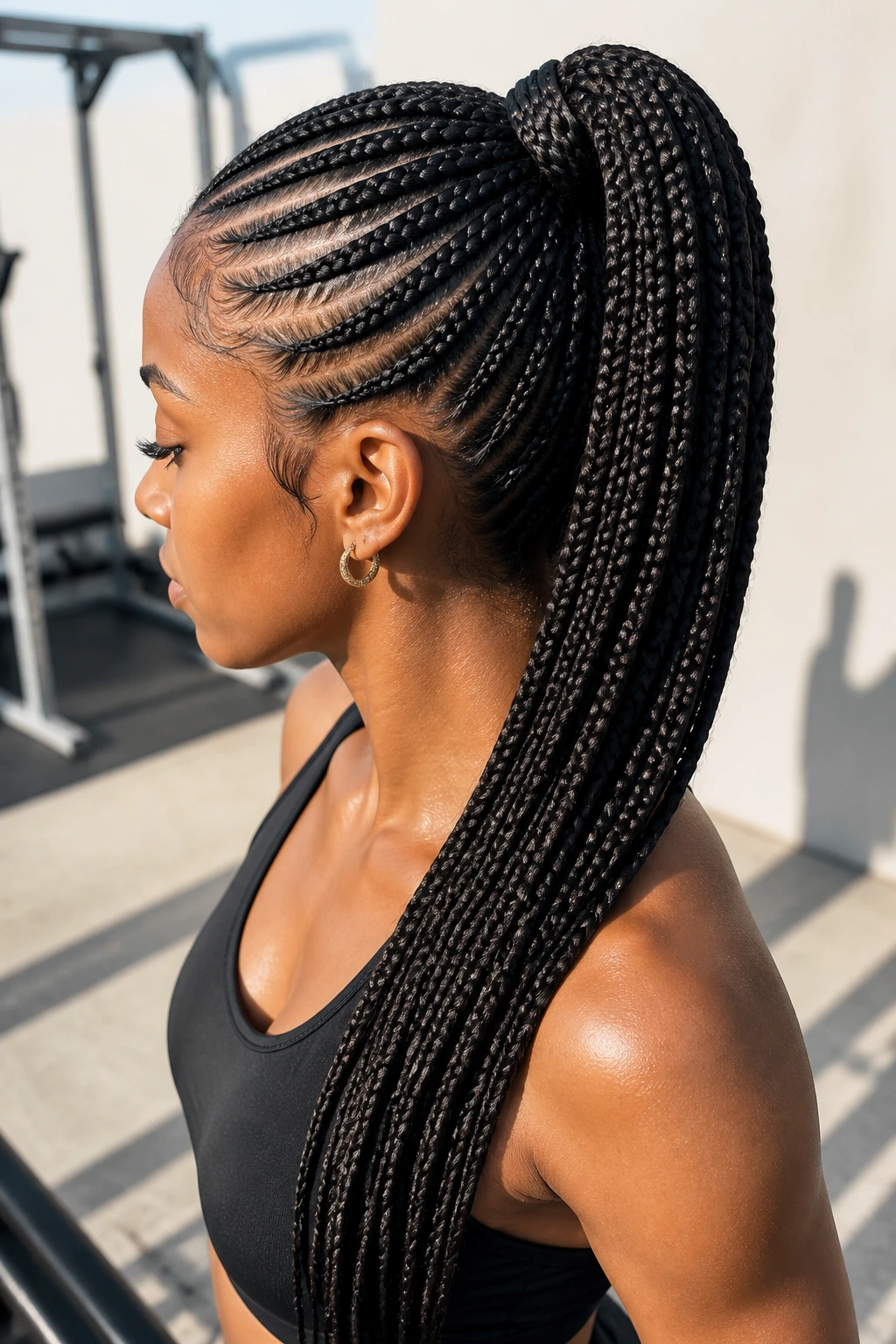 Side profile of a real woman showing a high ponytail made from fed-in lemonade braids.