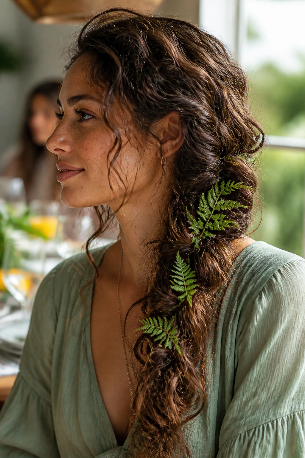 Portrait of a woman with a loose side braid and fern leaves tucked into the braid.