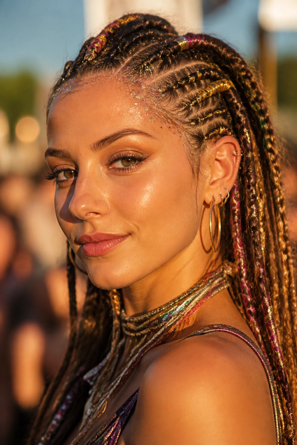 Close-up of a real person with a vibrant festival braided hairstyle and glitter, expressing confident mood
