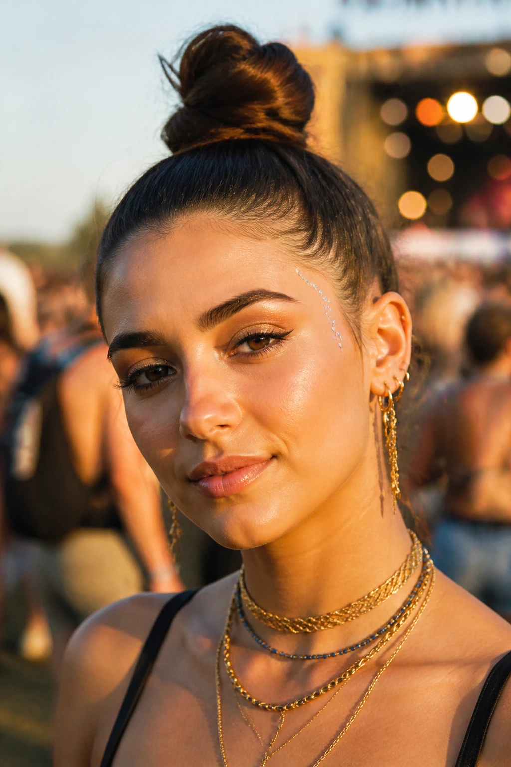 Close-up of a real person with a sleek high bun at a festival