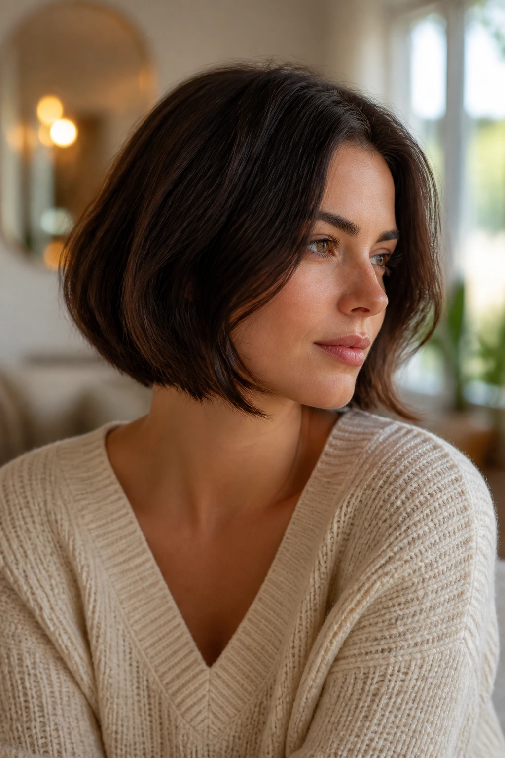 Thoughtful portrait of a real person with a chin-length bob in a cozy indoor setting.