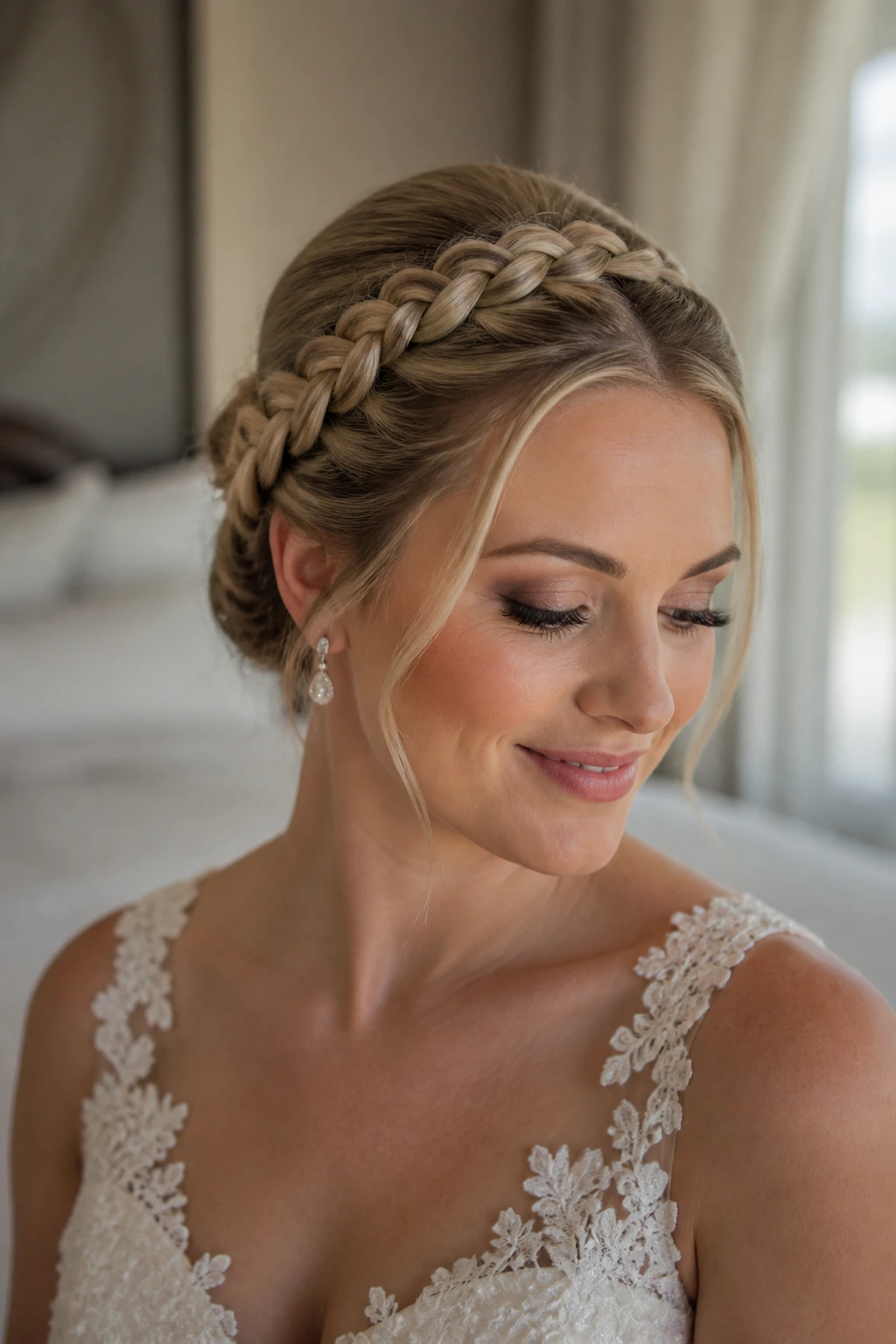Close-up of a real bride with a French braid in a bridal suite, natural window light
