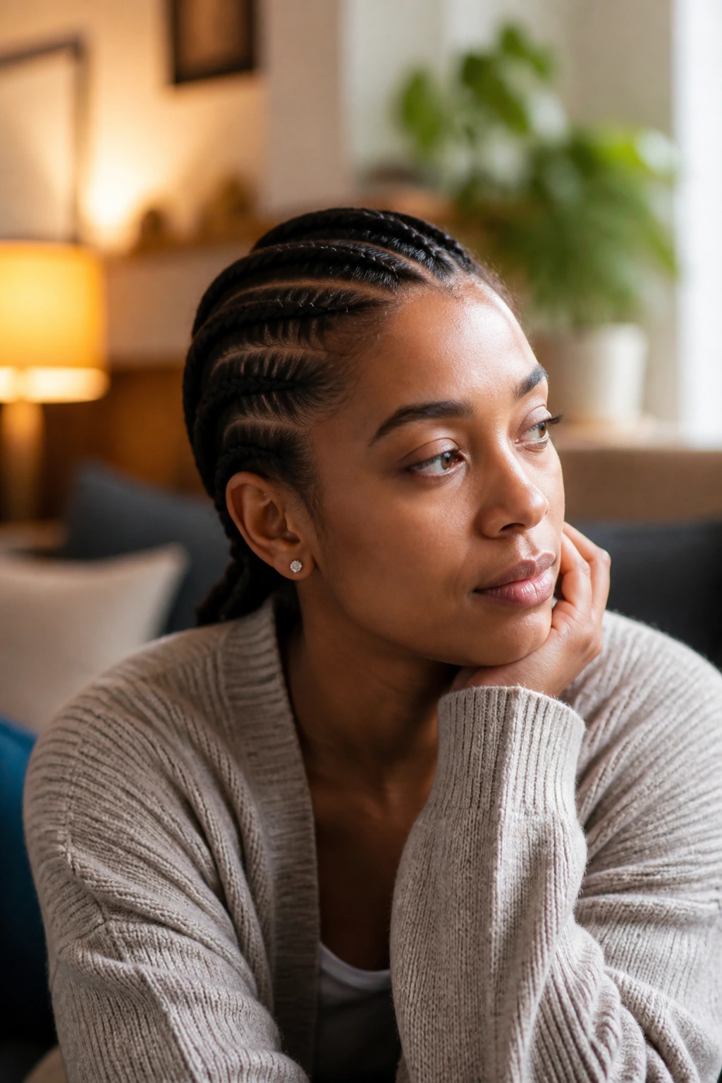 Contemplative real person with cornrows in a warm living room.