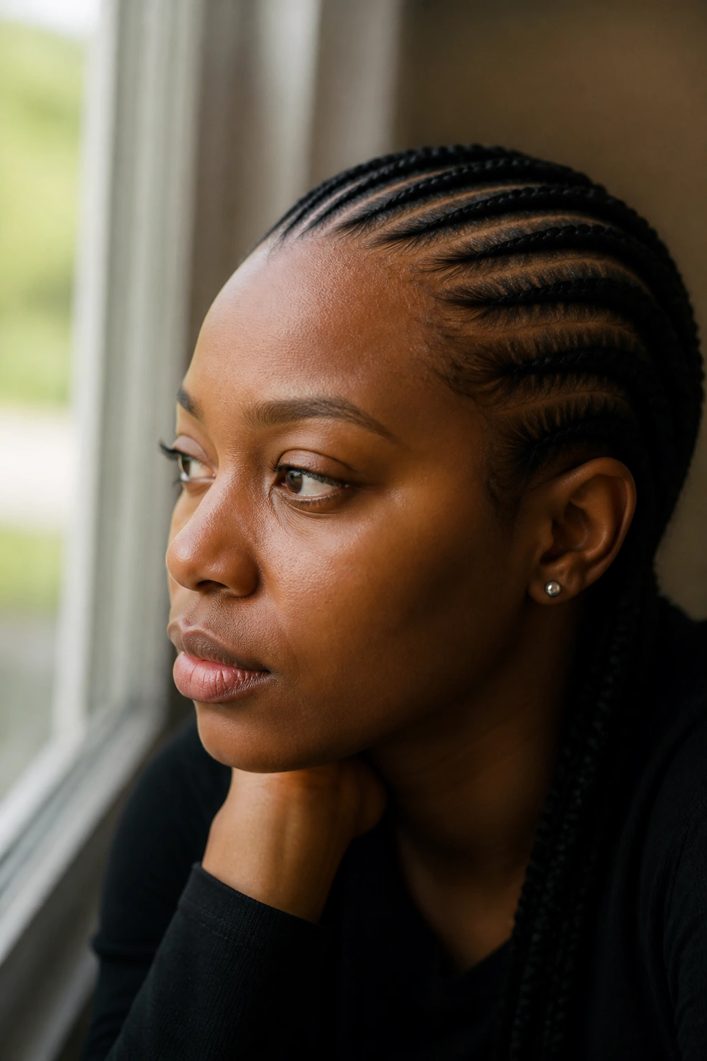 Close-up of a person with cornrows, thoughtful expression