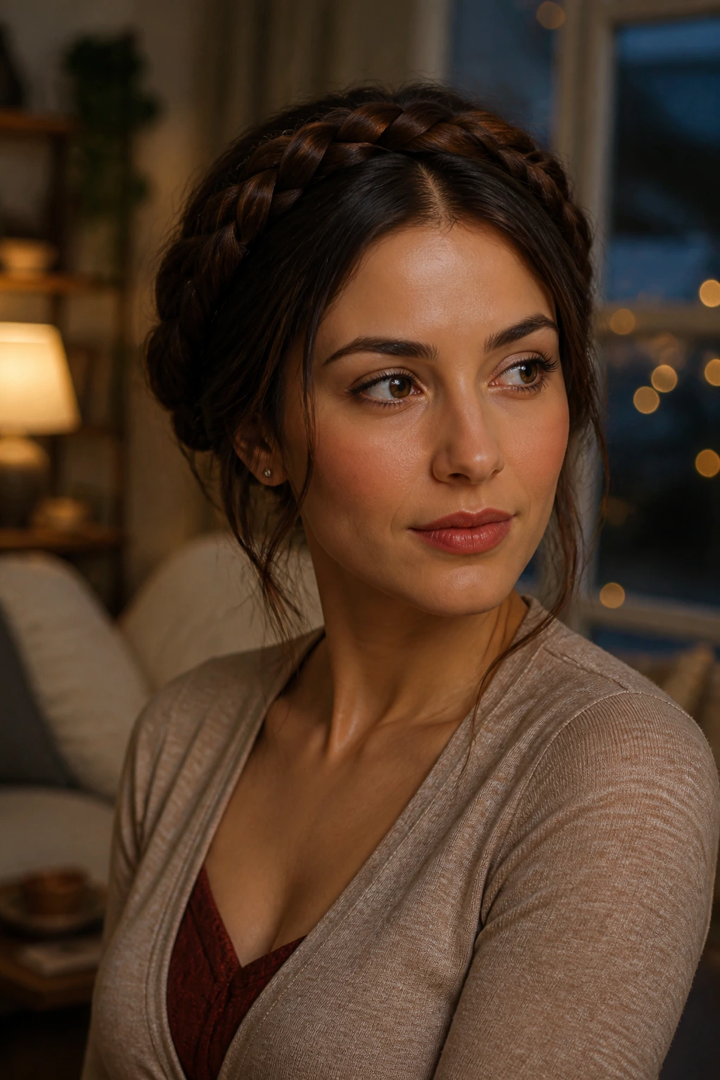 Contemplative portrait with crown braid in warm setting