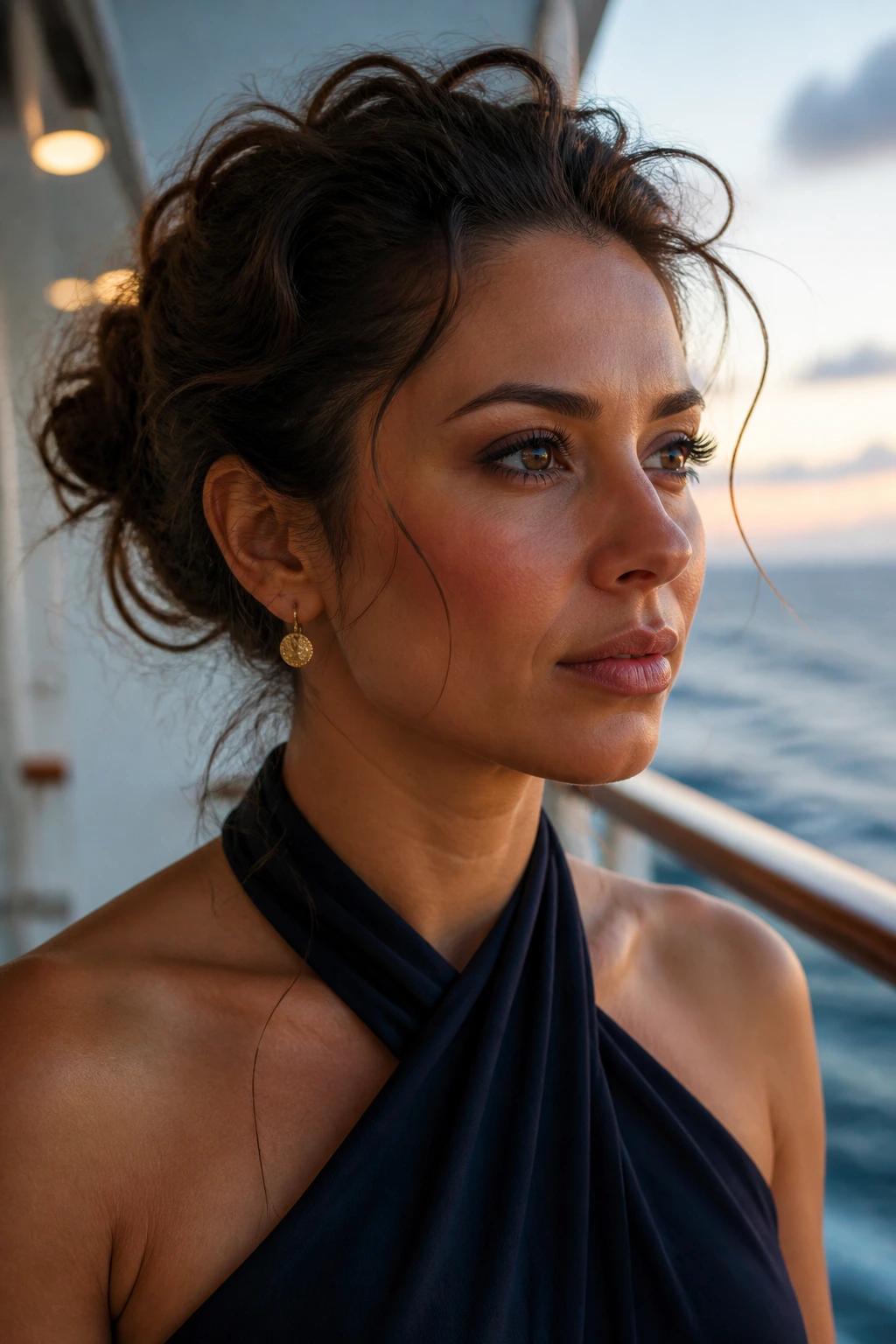 Close-up of a real person on a cruise balcony in thoughtful pose at dusk