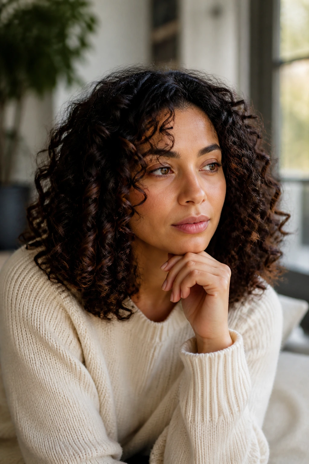 Thoughtful portrait of a woman with shoulder-length curls in a cozy home