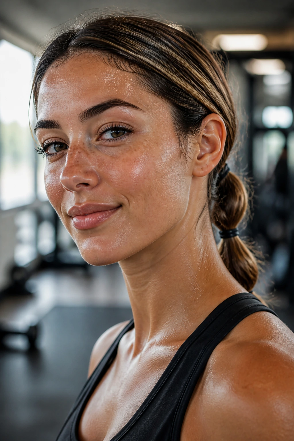 Real person in gym with secure two-elastic hairstyle after workout