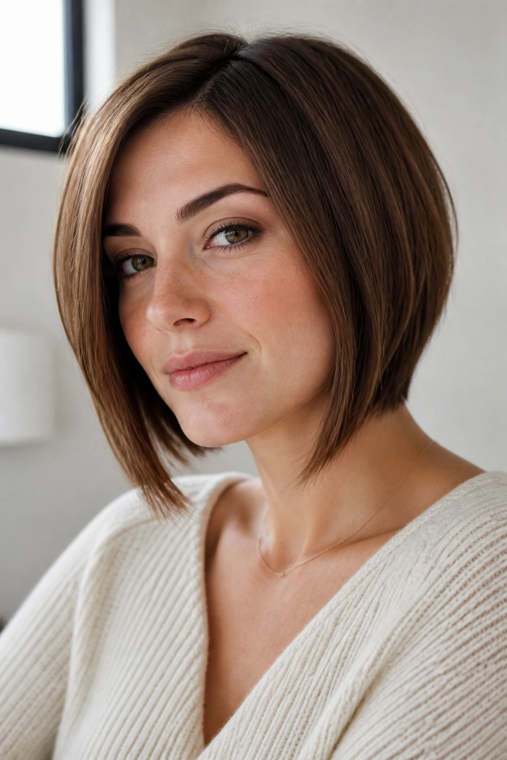 Portrait of a woman with inverted bob in thoughtful pose