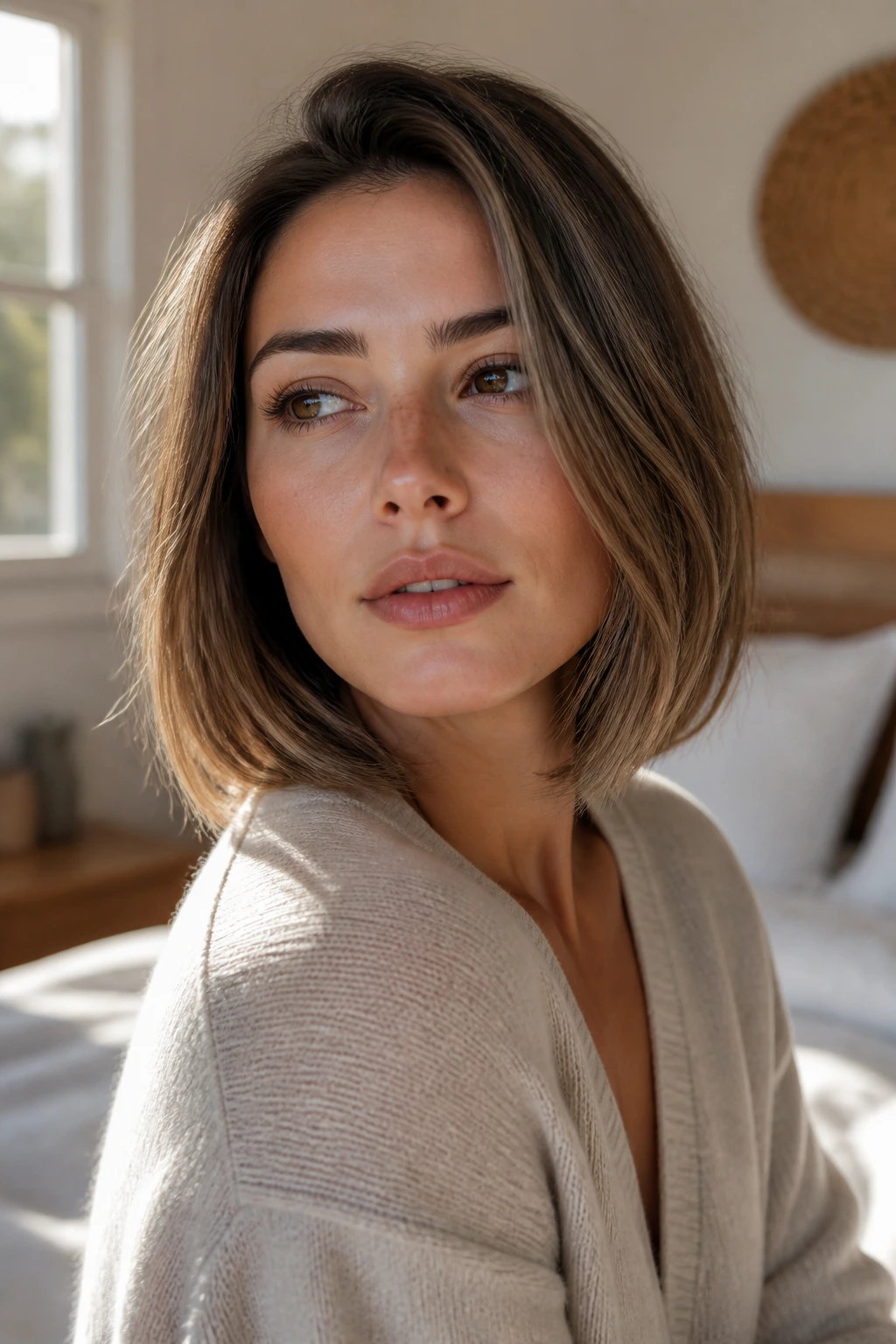 Close-up portrait of a real person with a long bob haircut in warm natural window light