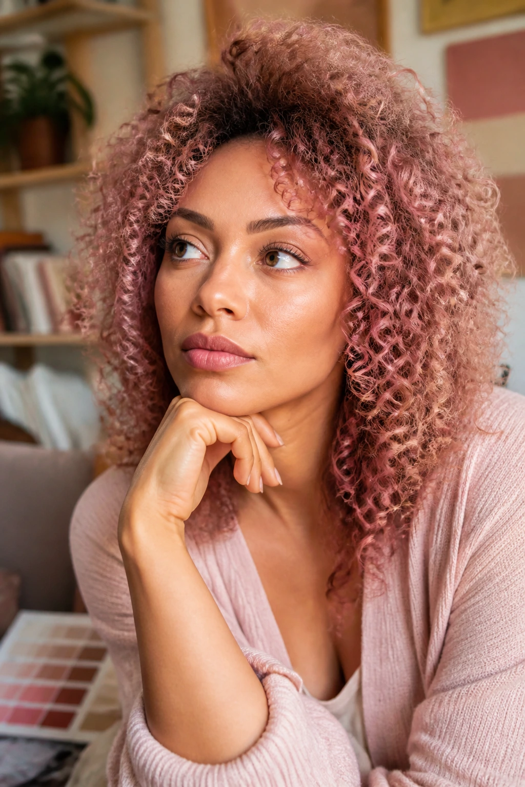 Thoughtful close-up portrait of a real person in a cozy room