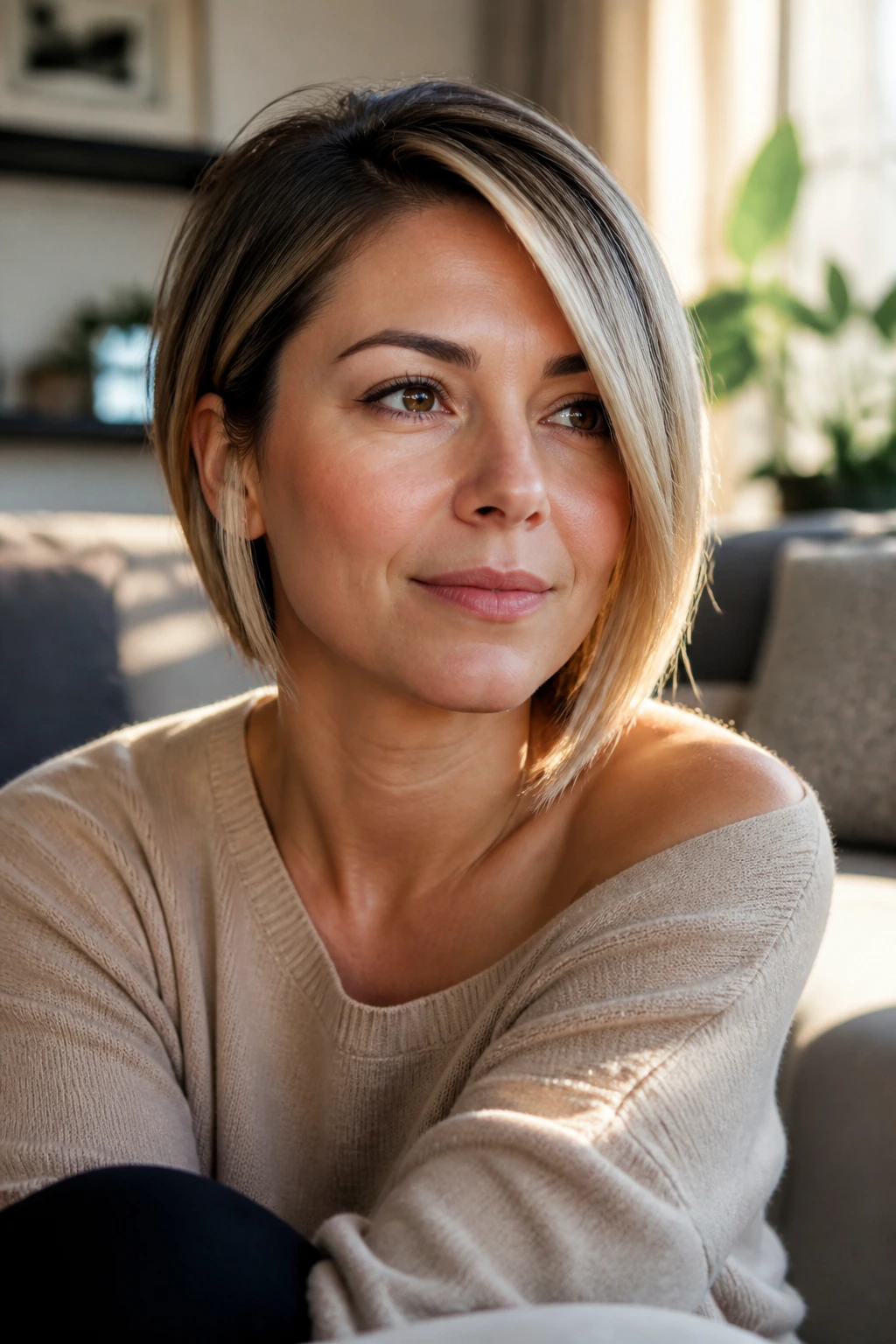 Thoughtful portrait of a person with asymmetrical bob in cozy setting