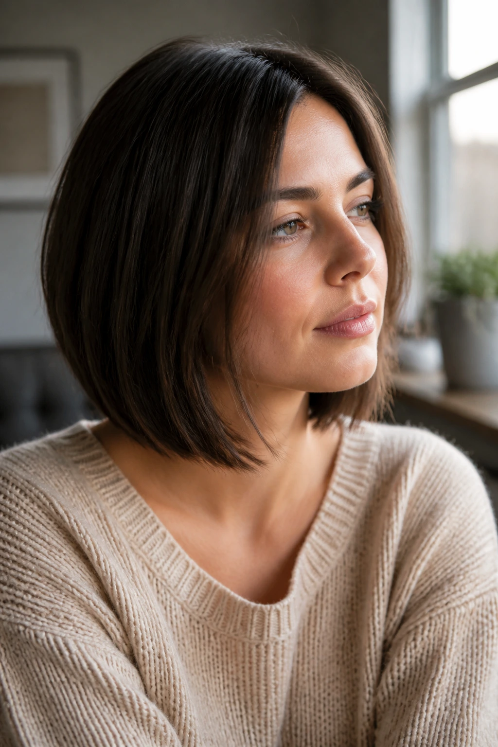 Contemplative portrait of a person reflecting on the journey to a super short bob.