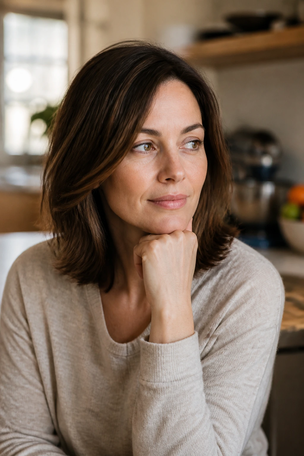 Close-up portrait of a busy mum in a cozy kitchen, thoughtful expression.