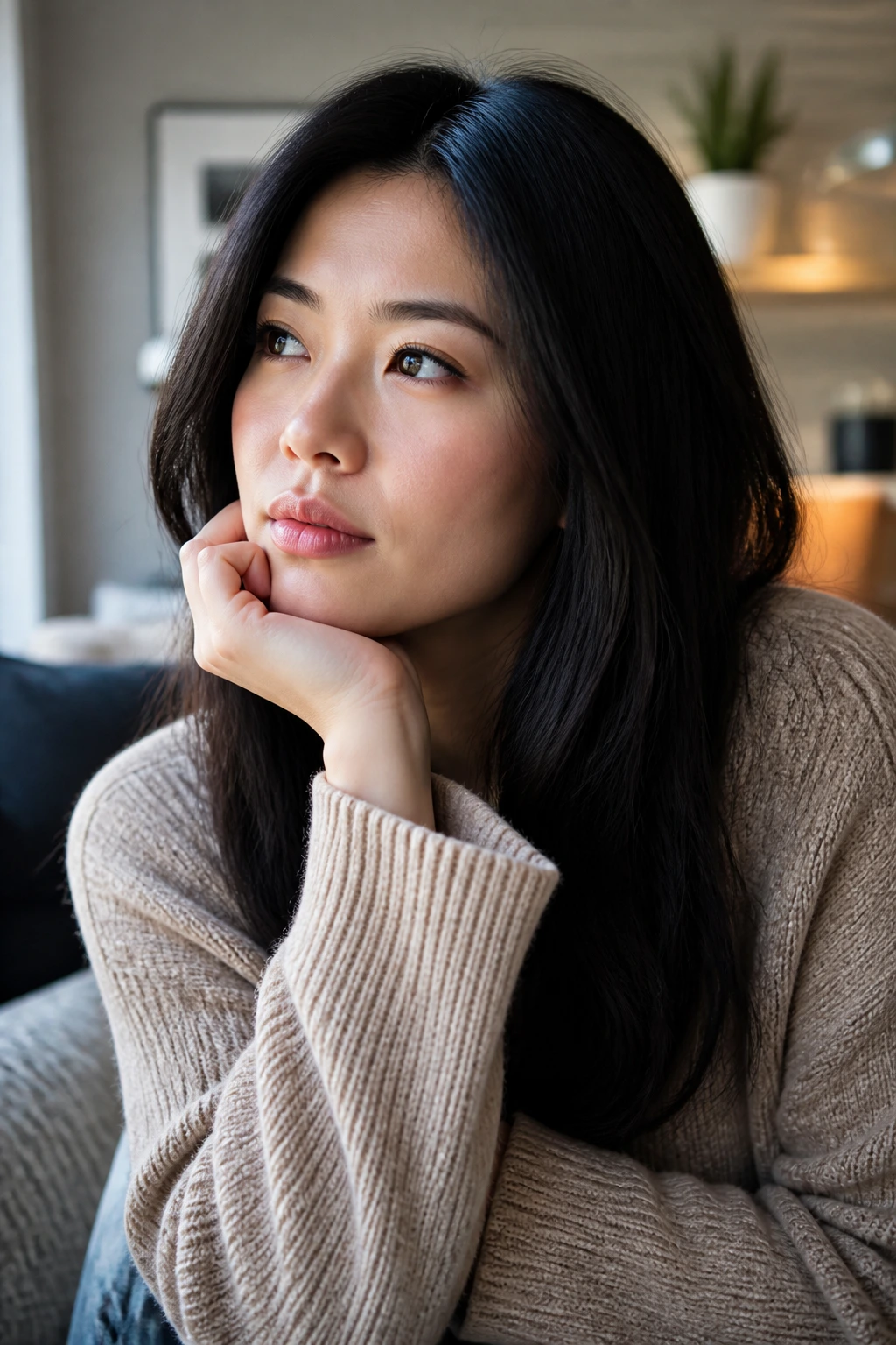 Close-up portrait of a thoughtful person in a cozy living room with warm light
