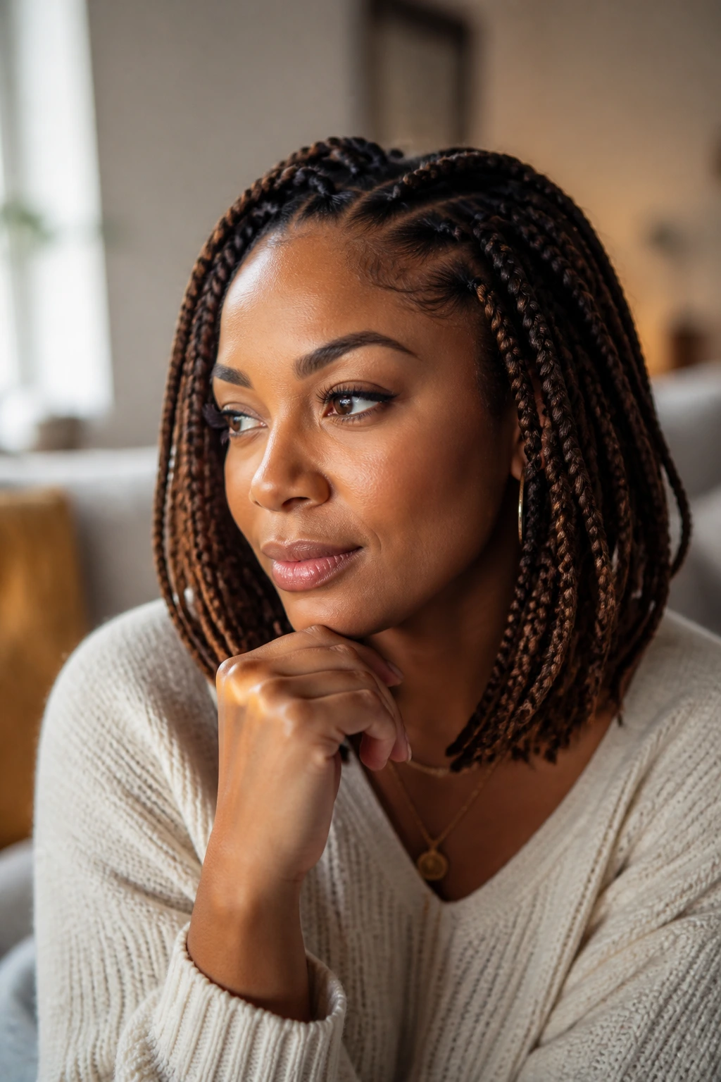 Thoughtful portrait of a woman in a cozy room reflecting on hair styles.