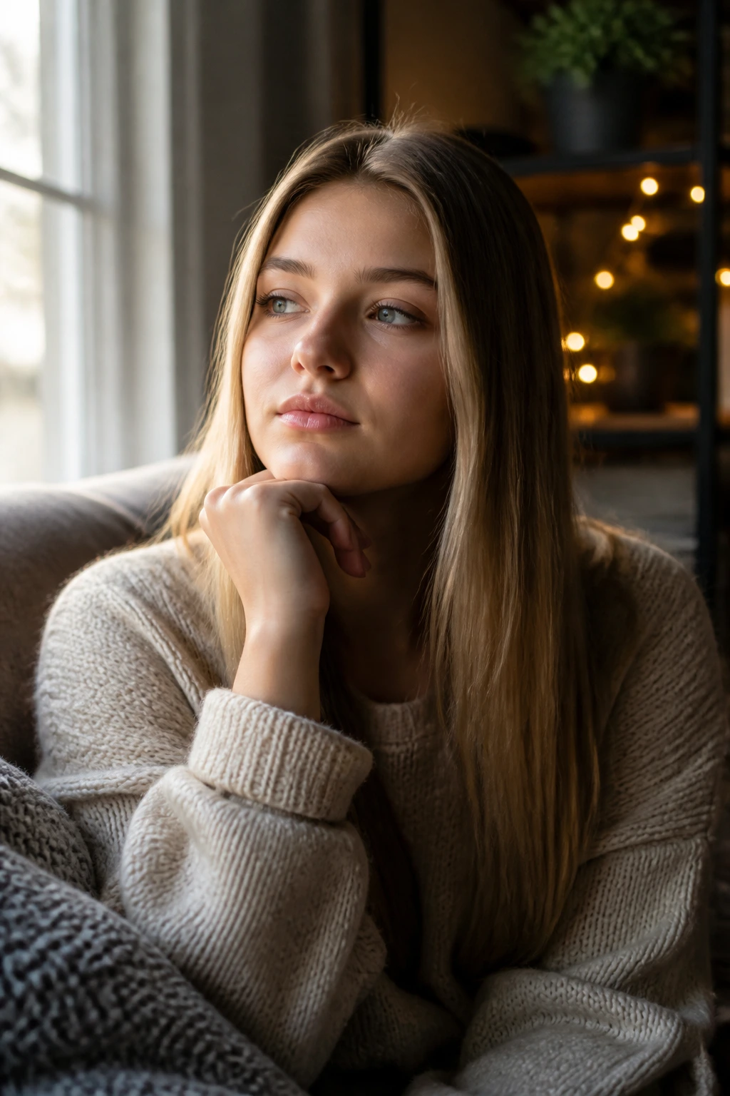Thoughtful portrait of a young woman by a window