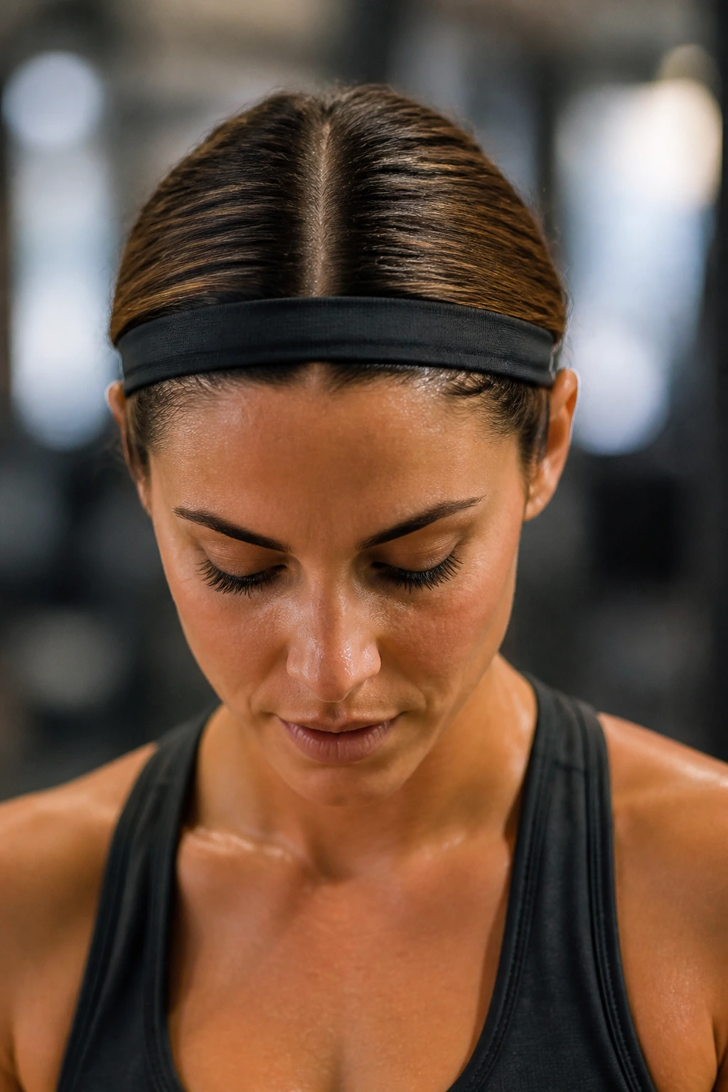 Close-up portrait of a real woman with a center-part workout hairstyle in a gym setting