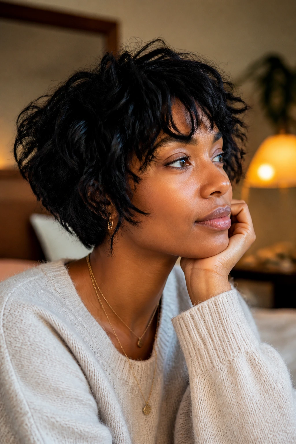 Thoughtful close-up of a person with a short shaggy bob.