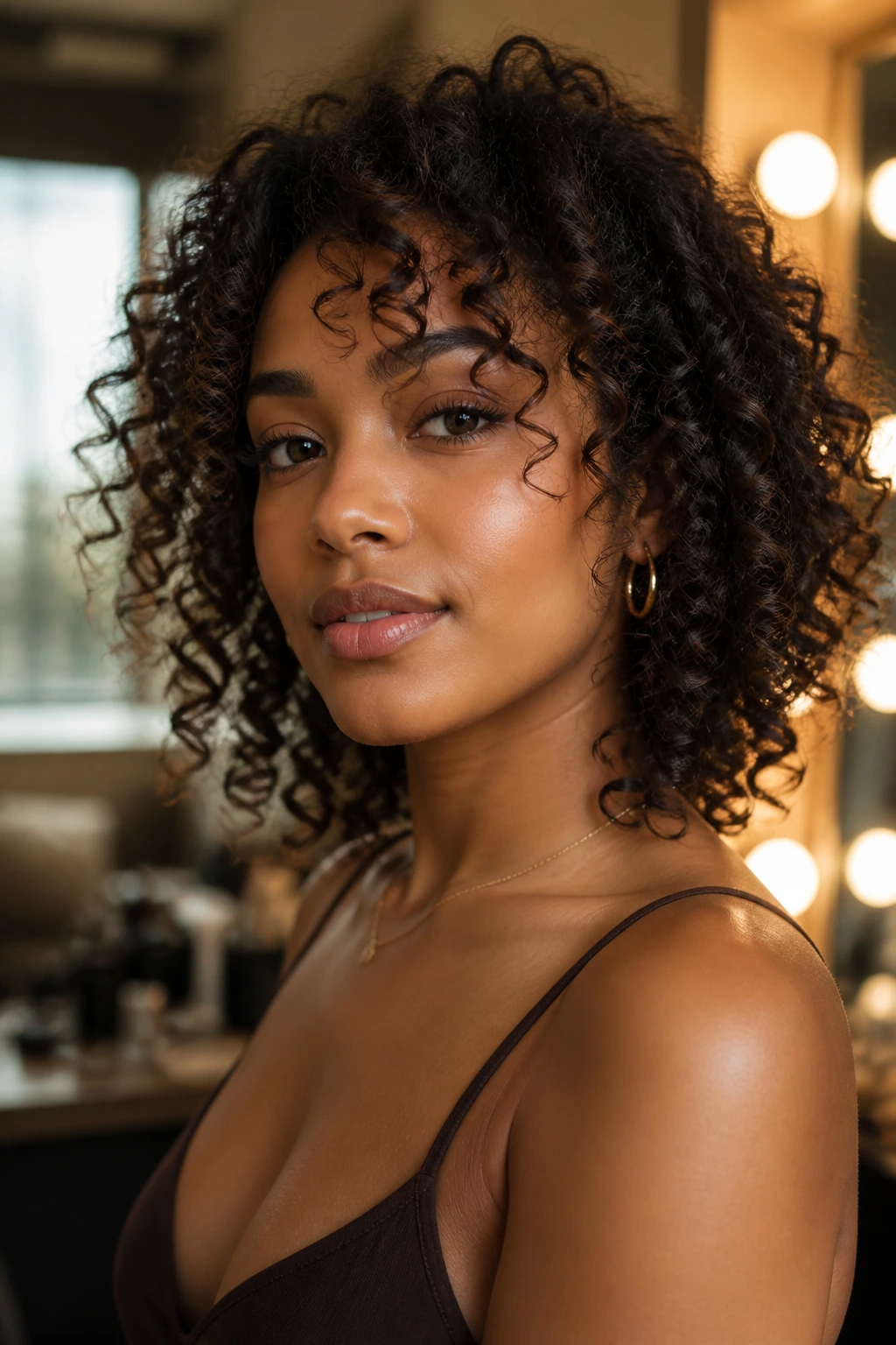Close-up of a real person with spiral curls in a thoughtful Final Thoughts mood