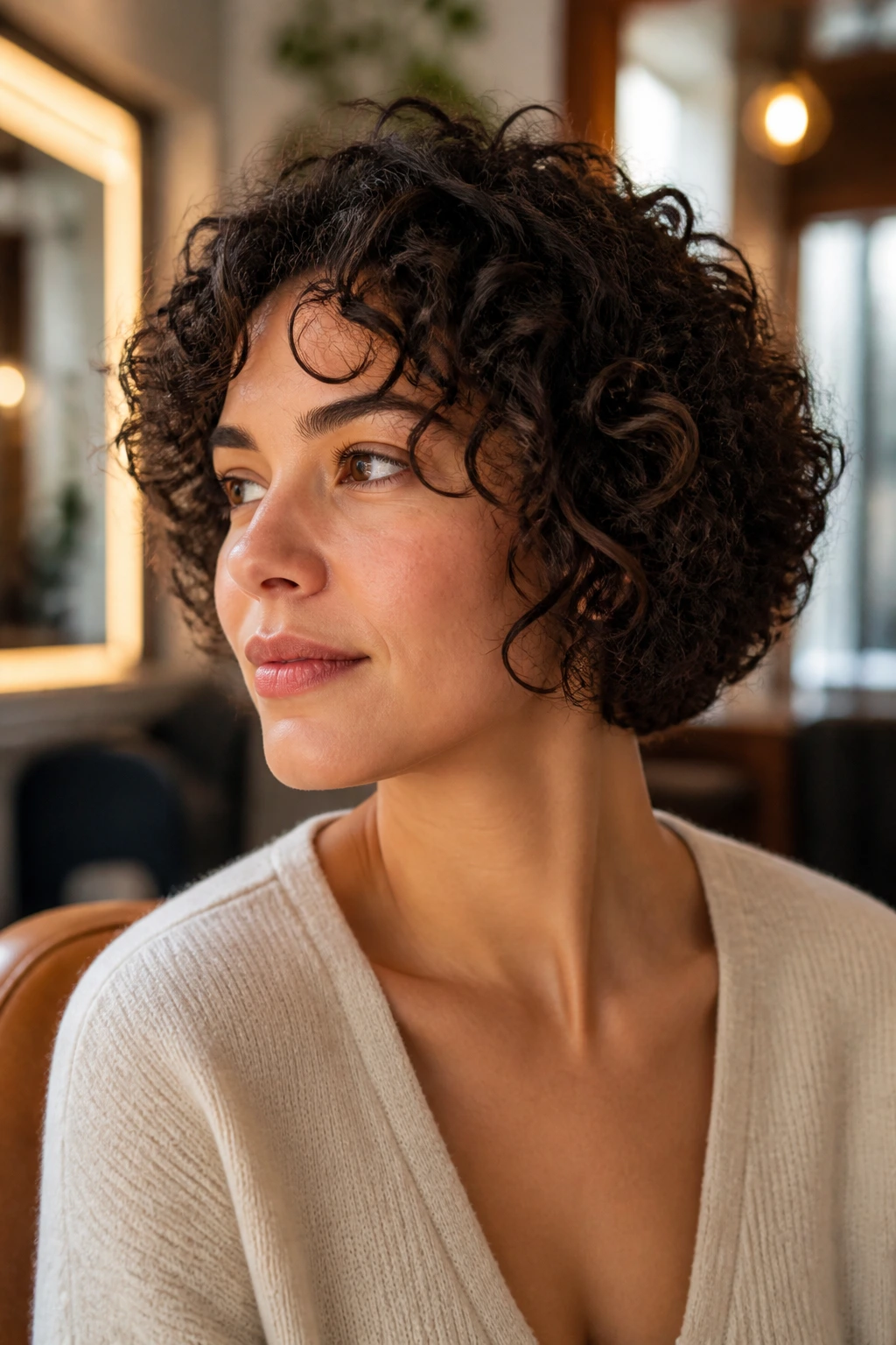 Contemplative portrait in a salon with a stacked curly bob as the focal point.