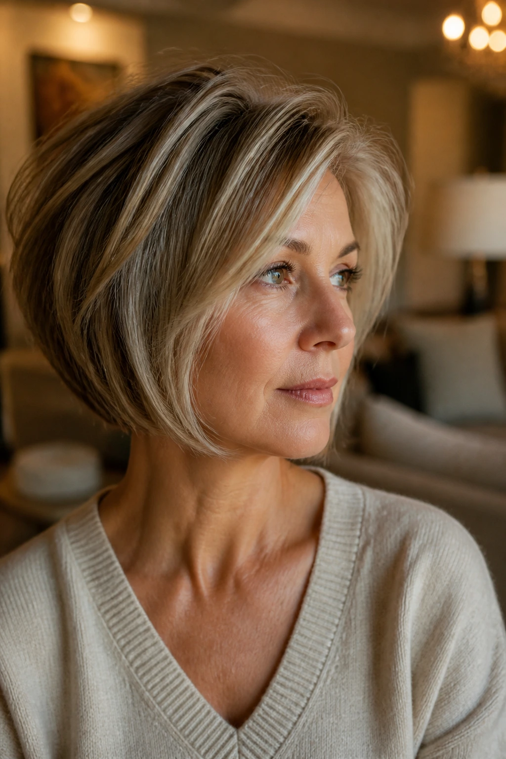 Contemplative portrait of a woman with stacked bob in warm living room light