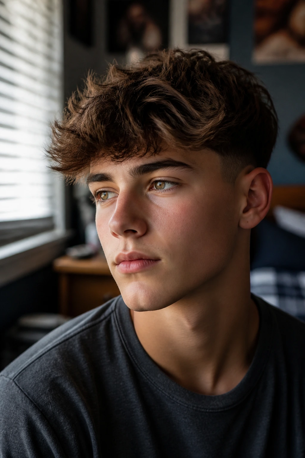 Close-up portrait of a thoughtful teenage boy in a cozy bedroom, representing final thoughts on haircut choices