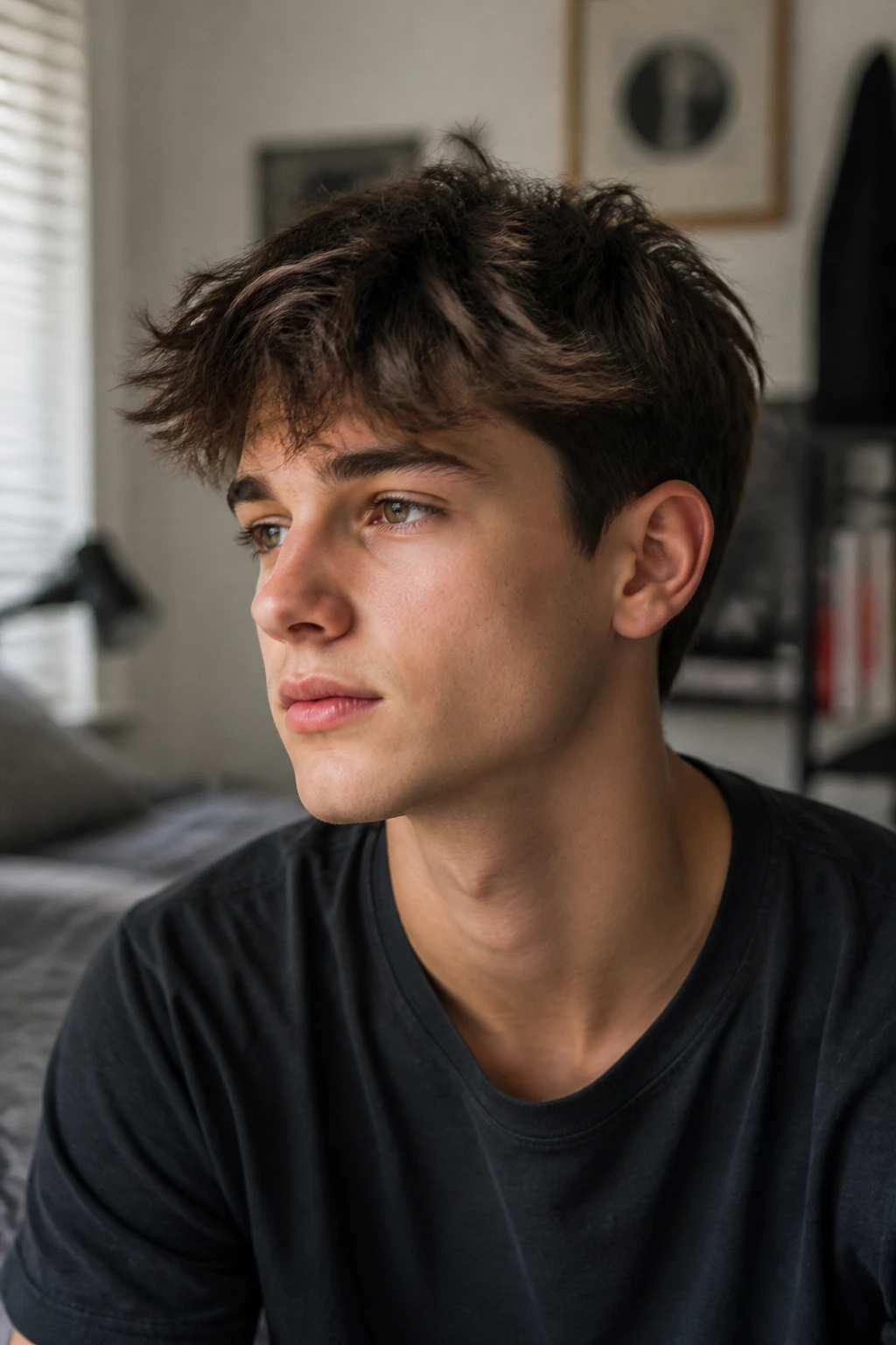 Thoughtful teenage boy portrait reflecting on hairstyle choices
