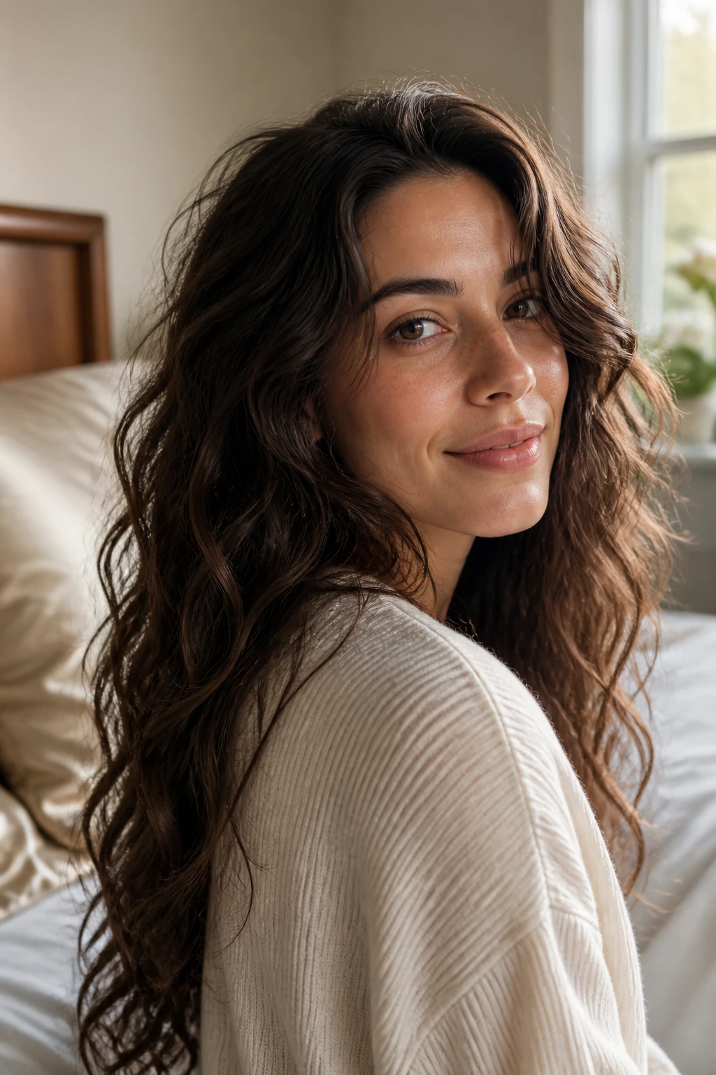 Close-up of a person with natural waves in a bedroom with silk pillowcase