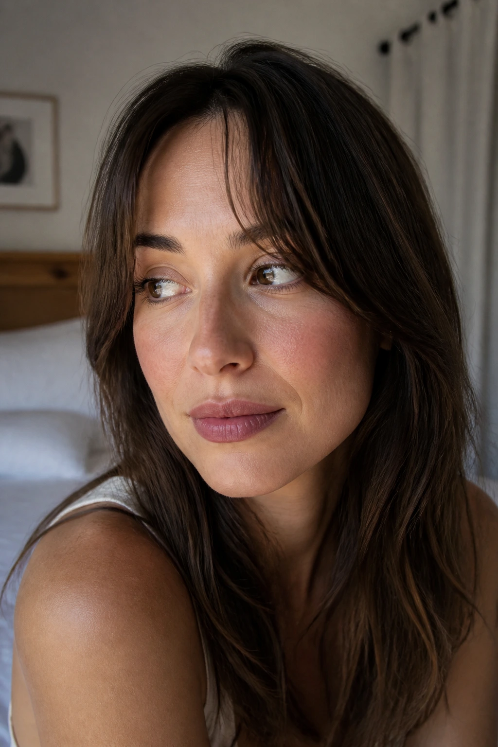 Portrait of a woman exploring fringe options with curtain-like fringe.