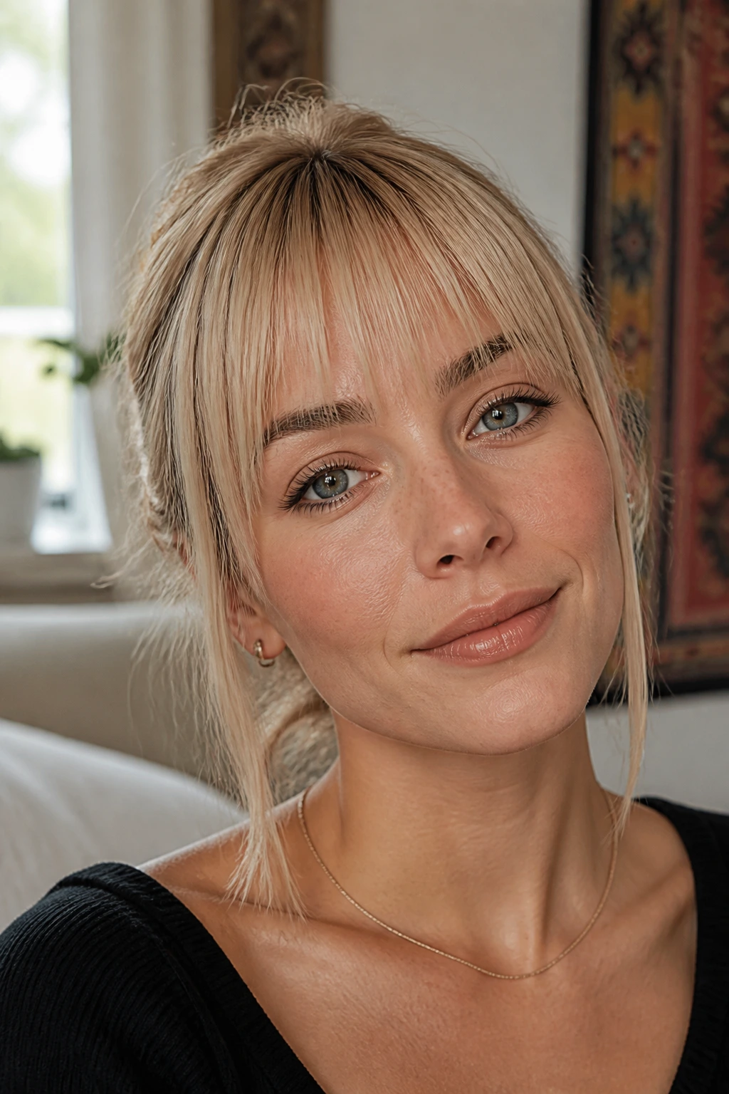 Close-up of a real person with fine, light blunt wisps across the forehead
