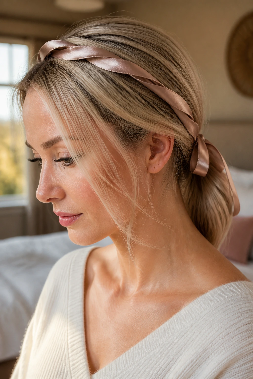 Close-up of a real woman's fine hair with a satin ribbon in a gentle hairstyle