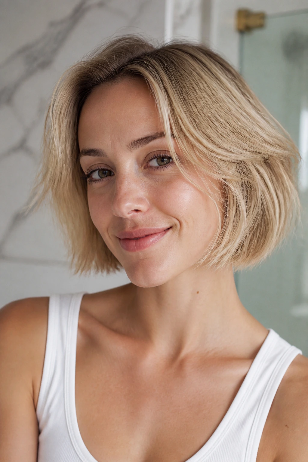 Portrait of a real person showing minimal-styled fine hair with natural texture