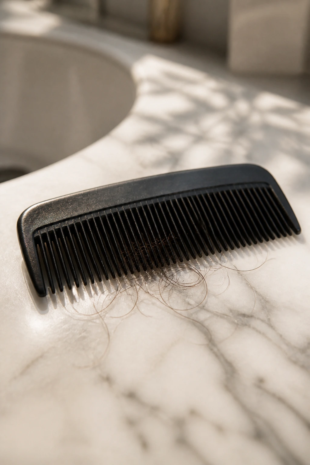 Close-up of a fine-tooth comb on a bathroom counter with curly hair strands