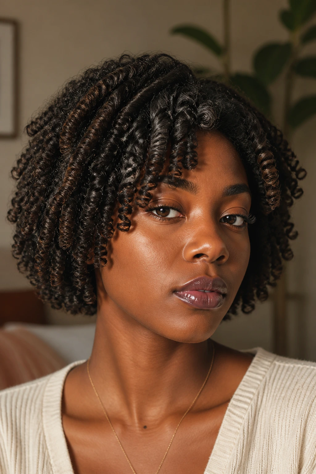 Close-up of real person with finger-coiled bob showing defined coils