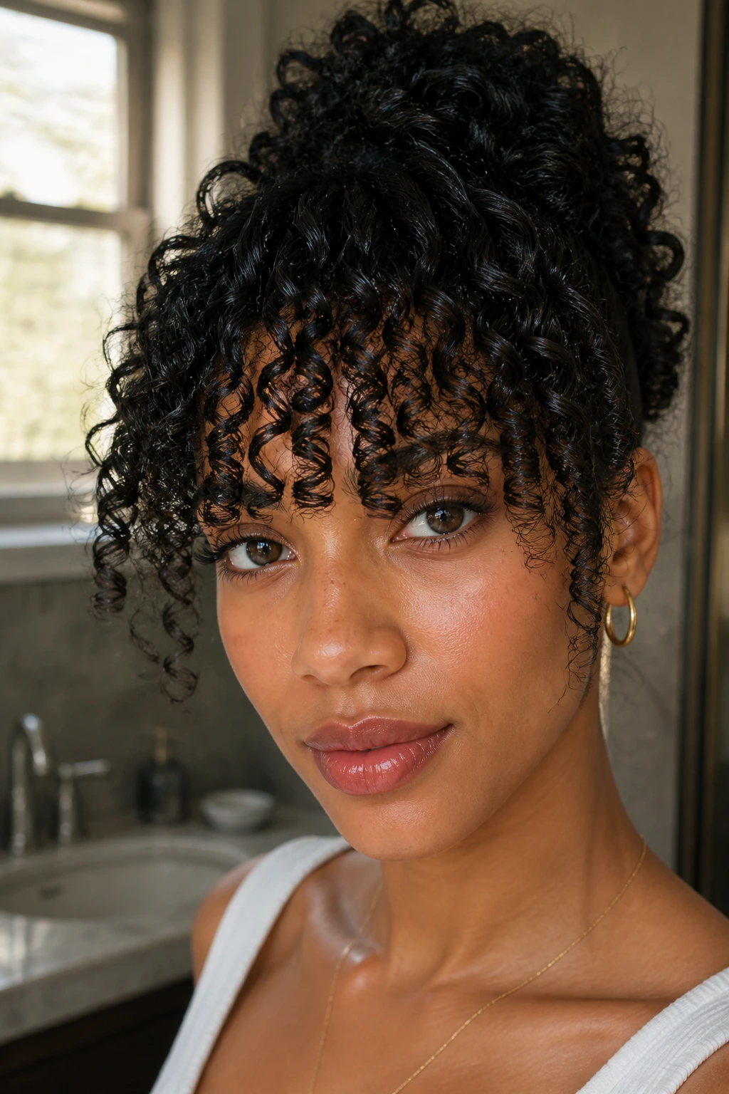 Close-up portrait of a real woman with a defined finger-coiled fringe and glossy curls